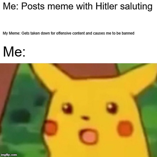 Surprised Pikachu Meme | Me: Posts meme with Hitler saluting My Meme: Gets taken down for offensive content and causes me to be banned Me: | image tagged in memes,surprised pikachu | made w/ Imgflip meme maker