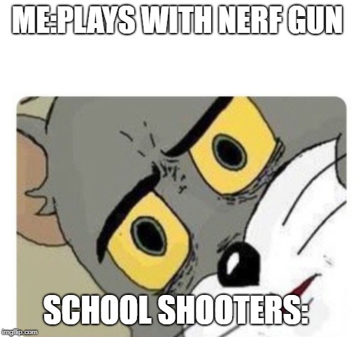 Shocked Tom | ME:PLAYS WITH NERF GUN; SCHOOL SHOOTERS: | image tagged in shocked tom | made w/ Imgflip meme maker
