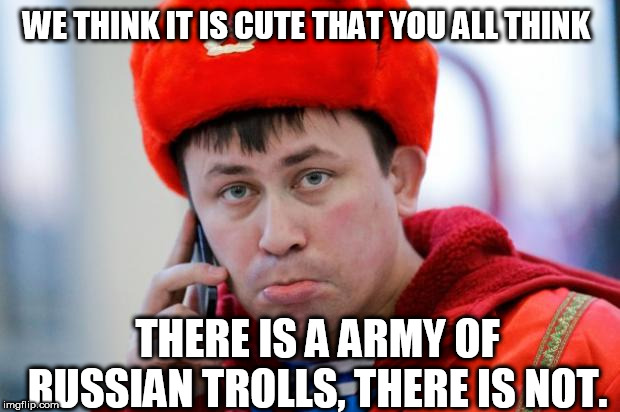 Sad Russian | WE THINK IT IS CUTE THAT YOU ALL THINK; THERE IS A ARMY OF RUSSIAN TROLLS, THERE IS NOT. | image tagged in sad russian | made w/ Imgflip meme maker