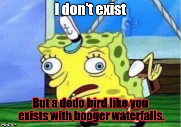 Mocking Spongebob | I don't exist; But a dodo bird like you exists
with booger waterfalls. | image tagged in memes,mocking spongebob | made w/ Imgflip meme maker