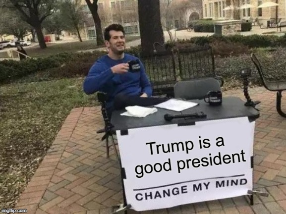 SO, instant regret when I made this. I promised myself I would never do anything political. I lied. | Trump is a good president | image tagged in memes,change my mind | made w/ Imgflip meme maker