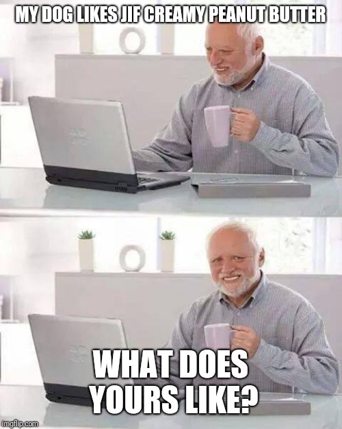 Hide the Pain Harold | MY DOG LIKES JIF CREAMY PEANUT BUTTER; WHAT DOES YOURS LIKE? | image tagged in memes,hide the pain harold | made w/ Imgflip meme maker