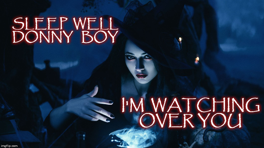 SLEEP  WELL DONNY   BOY; I'M  WATCHING OVER YOU | image tagged in donald trump,mega,the witches are comming,witch hunt,witchhunt,mega | made w/ Imgflip meme maker