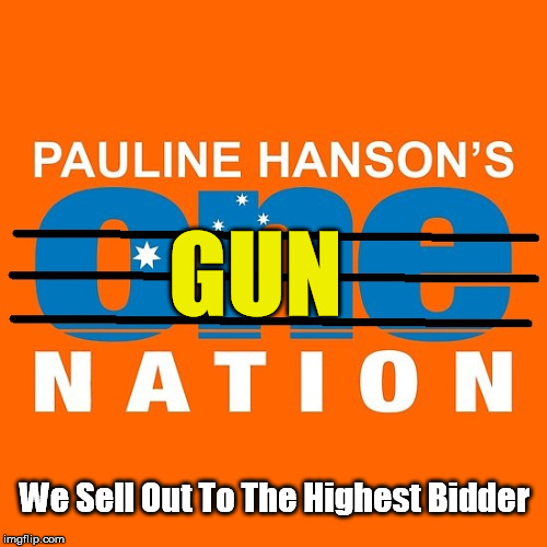 Pauline Hanson's GUN Nation | GUN; We Sell Out To The Highest Bidder | image tagged in one nation,pauline hanson | made w/ Imgflip meme maker