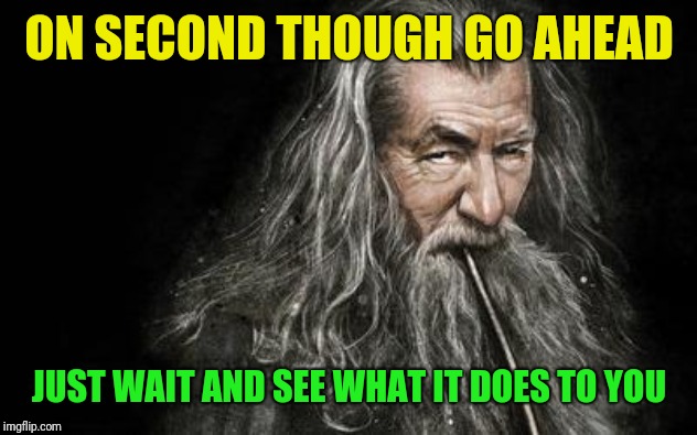 Clever Gandalf | ON SECOND THOUGH GO AHEAD JUST WAIT AND SEE WHAT IT DOES TO YOU | image tagged in clever gandalf | made w/ Imgflip meme maker