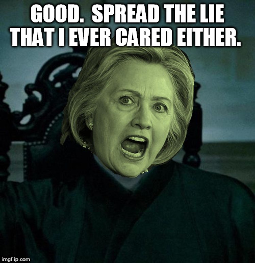 Voldemort Hillary Clinton | GOOD.  SPREAD THE LIE THAT I EVER CARED EITHER. | image tagged in voldemort hillary clinton | made w/ Imgflip meme maker