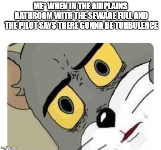 Shocked Tom | ME* WHEN IN THE AIRPLAINS BATHROOM WITH THE SEWAGE FULL AND THE PILOT SAYS THERE GONNA BE TURBULENCE | image tagged in shocked tom | made w/ Imgflip meme maker