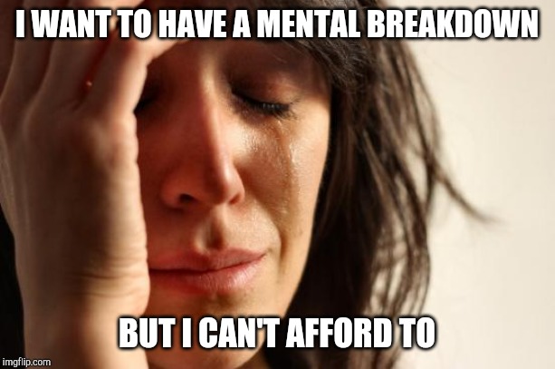 First World Problems Meme | I WANT TO HAVE A MENTAL BREAKDOWN; BUT I CAN'T AFFORD TO | image tagged in memes,first world problems | made w/ Imgflip meme maker