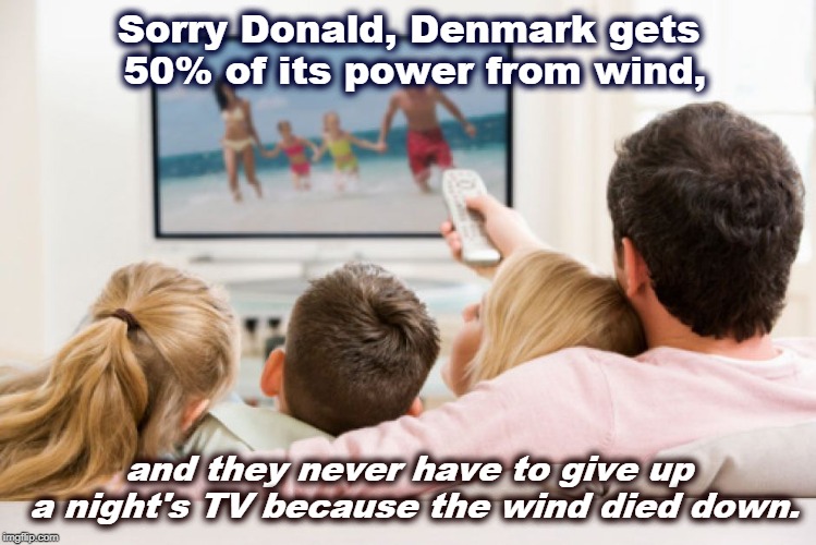 Sorry Donald, Denmark gets 50% of its power from wind, and they never have to give up a night's TV because the wind died down. | image tagged in trump,wind,wind power,denmark,energy | made w/ Imgflip meme maker