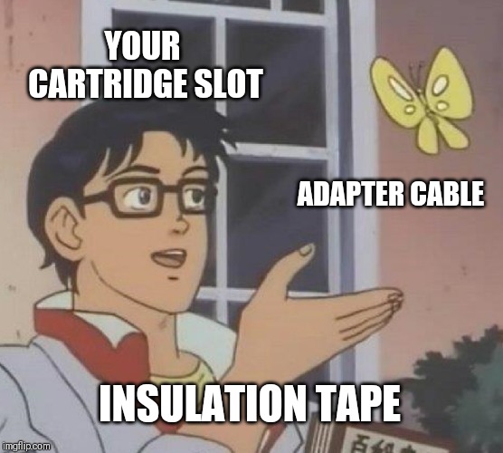 Is This A Pigeon Meme | YOUR CARTRIDGE SLOT; ADAPTER CABLE; INSULATION TAPE | image tagged in memes,is this a pigeon | made w/ Imgflip meme maker