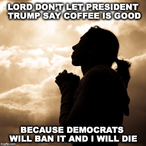 Divine Collusion | LORD DON’T LET PRESIDENT TRUMP SAY COFFEE IS GOOD; BECAUSE DEMOCRATS WILL BAN IT AND I WILL DIE | image tagged in prayer square,coffee addict,president trump | made w/ Imgflip meme maker