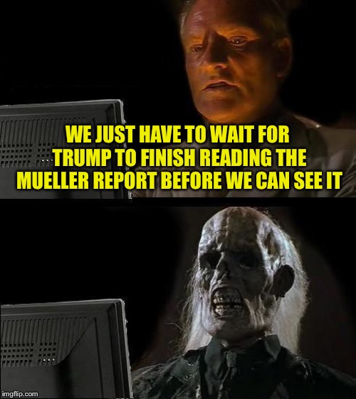 He doesn’t read very fast | WE JUST HAVE TO WAIT FOR TRUMP TO FINISH READING THE MUELLER REPORT BEFORE WE CAN SEE IT | image tagged in memes,ill just wait here | made w/ Imgflip meme maker