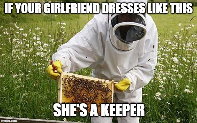bee keeper | IF YOUR GIRLFRIEND DRESSES LIKE THIS; SHE'S A KEEPER | image tagged in bee keeper | made w/ Imgflip meme maker
