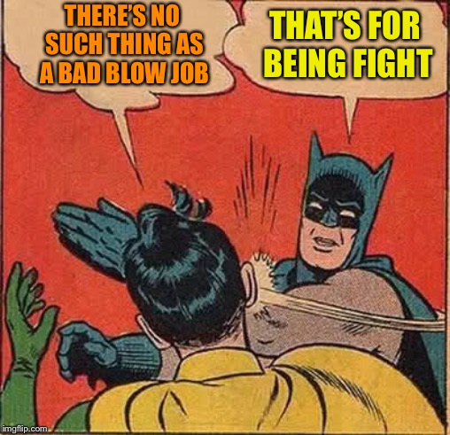 Batman Slapping Robin Meme | THERE’S NO SUCH THING AS A BAD BLOW JOB THAT’S FOR BEING FIGHT | image tagged in memes,batman slapping robin | made w/ Imgflip meme maker