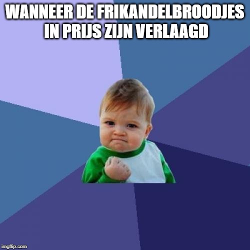 Success Kid Meme | WANNEER DE FRIKANDELBROODJES IN PRIJS ZIJN VERLAAGD | image tagged in memes,success kid | made w/ Imgflip meme maker