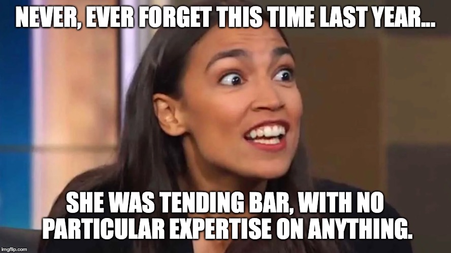 I am still stunned this level of crazy and stupid are taken seriously on anything. | NEVER, EVER FORGET THIS TIME LAST YEAR... SHE WAS TENDING BAR, WITH NO PARTICULAR EXPERTISE ON ANYTHING. | image tagged in 2019,liberals,stupid,democratic socialism,bartender,crazy | made w/ Imgflip meme maker