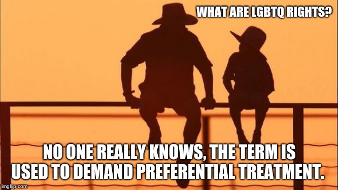 You can only have the same rights as the rest of us. | WHAT ARE LGBTQ RIGHTS? NO ONE REALLY KNOWS, THE TERM IS USED TO DEMAND PREFERENTIAL TREATMENT. | image tagged in cowboy father and son,cowboy wisdom,preferential treatment,get over it,lgbtq cry babies | made w/ Imgflip meme maker