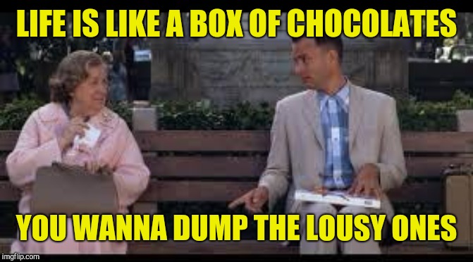 forrest gump box of chocolates | LIFE IS LIKE A BOX OF CHOCOLATES YOU WANNA DUMP THE LOUSY ONES | image tagged in forrest gump box of chocolates | made w/ Imgflip meme maker