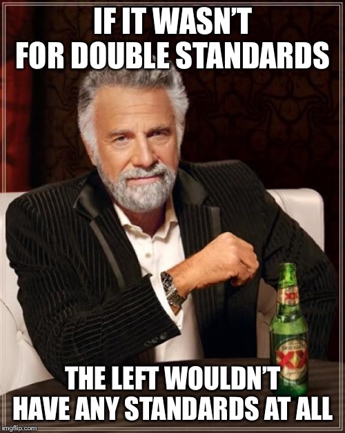 The Most Interesting Man In The World Meme | IF IT WASN’T FOR DOUBLE STANDARDS THE LEFT WOULDN’T HAVE ANY STANDARDS AT ALL | image tagged in memes,the most interesting man in the world | made w/ Imgflip meme maker