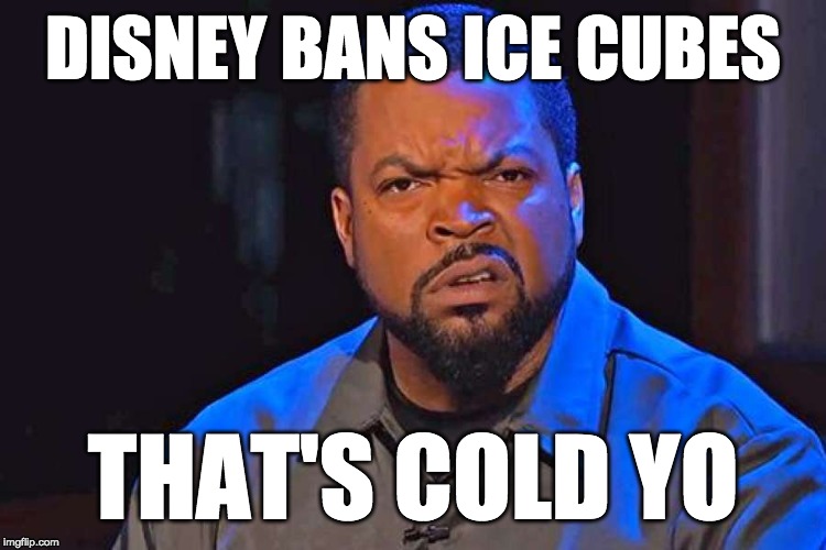 ice cube wtf face | DISNEY BANS ICE CUBES; THAT'S COLD YO | image tagged in ice cube wtf face | made w/ Imgflip meme maker