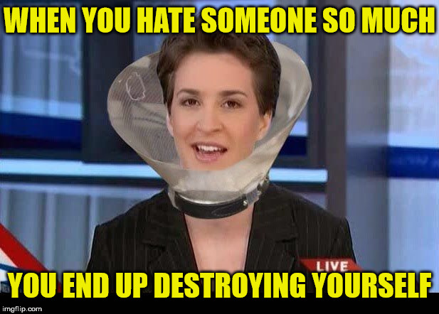 Rachel Maddow | WHEN YOU HATE SOMEONE SO MUCH YOU END UP DESTROYING YOURSELF | image tagged in rachel maddow | made w/ Imgflip meme maker