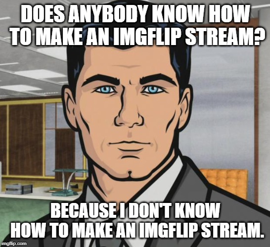Archer | DOES ANYBODY KNOW HOW TO MAKE AN IMGFLIP STREAM? BECAUSE I DON'T KNOW HOW TO MAKE AN IMGFLIP STREAM. | image tagged in memes,archer | made w/ Imgflip meme maker