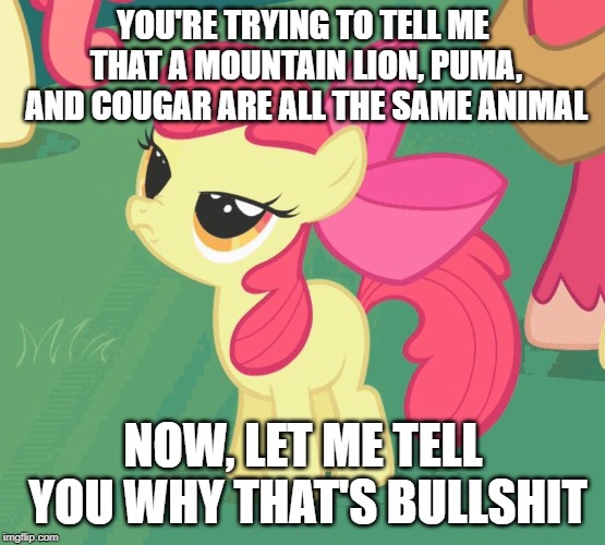 YOU'RE TRYING TO TELL ME THAT A MOUNTAIN LION, PUMA, AND COUGAR ARE ALL THE SAME ANIMAL; NOW, LET ME TELL YOU WHY THAT'S BULLSHIT | image tagged in let me tell you why that's bullshit applebloom | made w/ Imgflip meme maker
