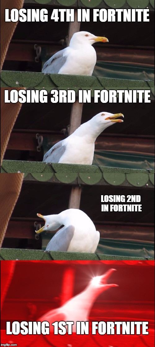 Inhaling Seagull | LOSING 4TH IN FORTNITE; LOSING 3RD IN FORTNITE; LOSING 2ND IN FORTNITE; LOSING 1ST IN FORTNITE | image tagged in memes,inhaling seagull | made w/ Imgflip meme maker