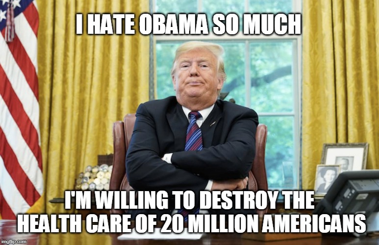 I HATE OBAMA SO MUCH; I'M WILLING TO DESTROY THE HEALTH CARE OF 20 MILLION AMERICANS | image tagged in trump,healthcare | made w/ Imgflip meme maker