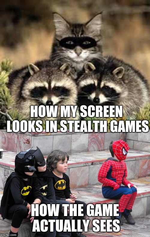 My screen says I have the right disguise but I apparently forgot something in the codes | HOW MY SCREEN LOOKS IN STEALTH GAMES; HOW THE GAME ACTUALLY SEES | image tagged in stealth,memes,cats,batman,spiderman,racoon | made w/ Imgflip meme maker