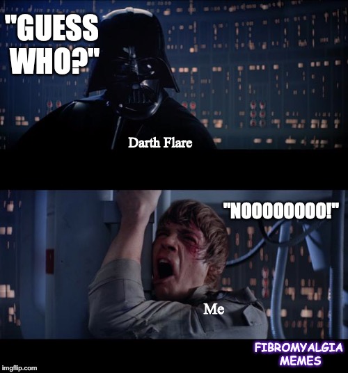 Star Wars No Meme | "GUESS WHO?"; Darth Flare; "NOOOOOOOO!"; Me; FIBROMYALGIA MEMES | image tagged in memes,star wars no | made w/ Imgflip meme maker