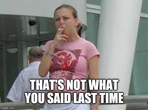 Smoking pregnant whore | THAT'S NOT WHAT YOU SAID LAST TIME | image tagged in smoking pregnant whore | made w/ Imgflip meme maker