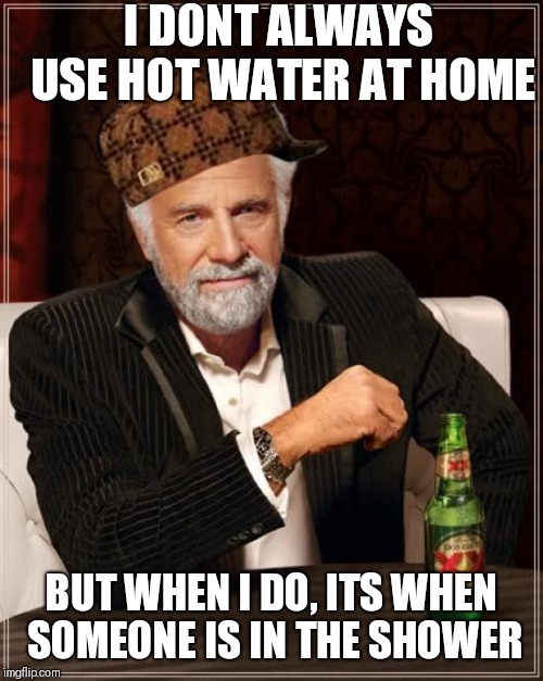 The Most Interesting Man In The World Meme | I DONT ALWAYS USE HOT WATER AT HOME; BUT WHEN I DO, ITS WHEN SOMEONE IS IN THE SHOWER | image tagged in memes,the most interesting man in the world | made w/ Imgflip meme maker