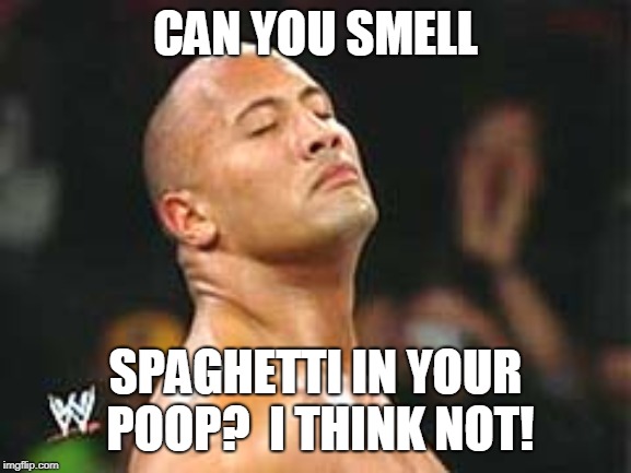 The Rock Smelling | CAN YOU SMELL SPAGHETTI IN YOUR POOP?  I THINK NOT! | image tagged in the rock smelling | made w/ Imgflip meme maker