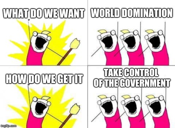 What Do We Want | WHAT DO WE WANT; WORLD DOMINATION; TAKE CONTROL OF THE GOVERNMENT; HOW DO WE GET IT | image tagged in memes,what do we want | made w/ Imgflip meme maker