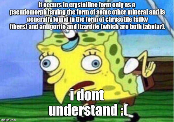 Mocking Spongebob Meme | It occurs in crystalline form only as a pseudomorph having the form of some other mineral and is generally found in the form of chrysotile (silky fibers) and antigorite and lizardite (which are both tabular). i dont understand :( | image tagged in memes,mocking spongebob | made w/ Imgflip meme maker