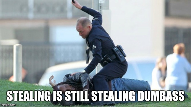 Cop Beating | STEALING IS STILL STEALING DUMBASS | image tagged in cop beating | made w/ Imgflip meme maker