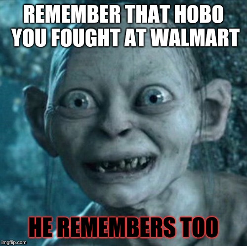 Gollum | REMEMBER THAT HOBO YOU FOUGHT AT WALMART; HE REMEMBERS TOO | image tagged in memes,gollum | made w/ Imgflip meme maker