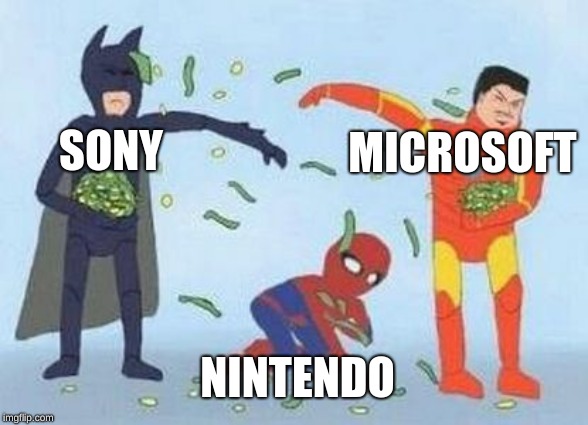 Pathetic Spidey | SONY; MICROSOFT; NINTENDO | image tagged in memes,pathetic spidey | made w/ Imgflip meme maker