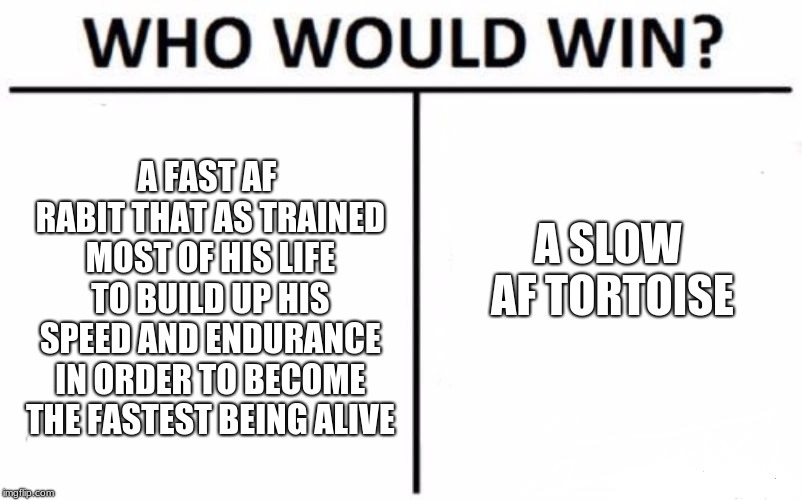 Who Would Win? | A FAST AF RABIT THAT AS TRAINED MOST OF HIS LIFE TO BUILD UP HIS SPEED AND ENDURANCE IN ORDER TO BECOME THE FASTEST BEING ALIVE; A SLOW AF TORTOISE | image tagged in memes,who would win | made w/ Imgflip meme maker