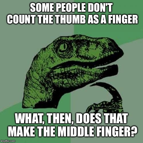 Philosoraptor Meme | SOME PEOPLE DON'T COUNT THE THUMB AS A FINGER; WHAT, THEN, DOES THAT MAKE THE MIDDLE FINGER? | image tagged in memes,philosoraptor | made w/ Imgflip meme maker