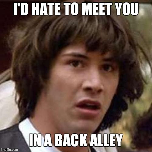 whoa | I'D HATE TO MEET YOU IN A BACK ALLEY | image tagged in whoa | made w/ Imgflip meme maker