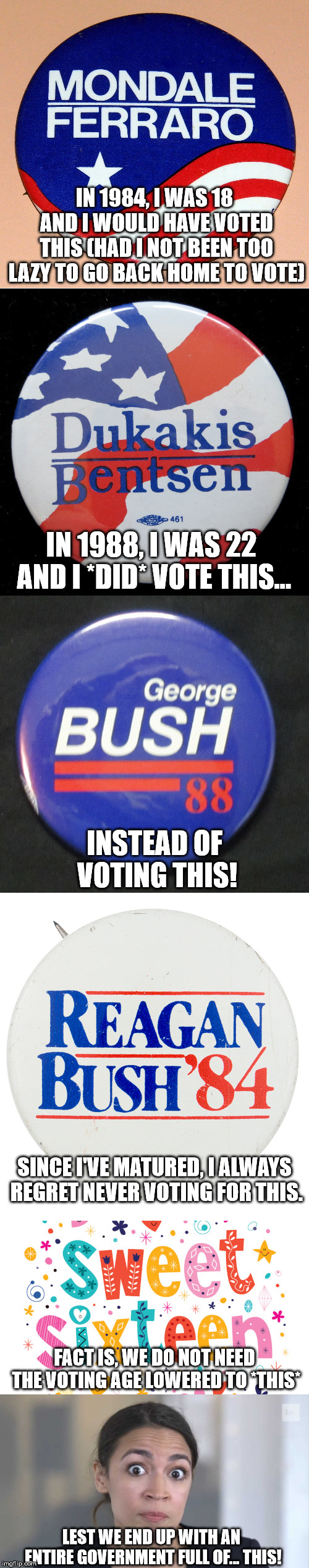 If anything the voting age should be 21 minimum to at least give the chance for maturity to set in. | IN 1984, I WAS 18 AND I WOULD HAVE VOTED THIS (HAD I NOT BEEN TOO LAZY TO GO BACK HOME TO VOTE); IN 1988, I WAS 22 AND I *DID* VOTE THIS... INSTEAD OF VOTING THIS! SINCE I'VE MATURED, I ALWAYS REGRET NEVER VOTING FOR THIS. FACT IS, WE DO NOT NEED THE VOTING AGE LOWERED TO *THIS*; LEST WE END UP WITH AN ENTIRE GOVERNMENT FULL OF... THIS! | image tagged in crazy alexandria ocasio-cortez,voting,election | made w/ Imgflip meme maker