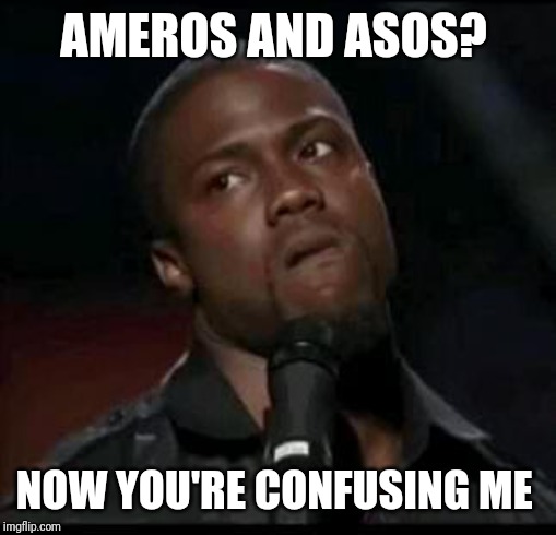 Kevin Hart  | AMEROS AND ASOS? NOW YOU'RE CONFUSING ME | image tagged in kevin hart | made w/ Imgflip meme maker