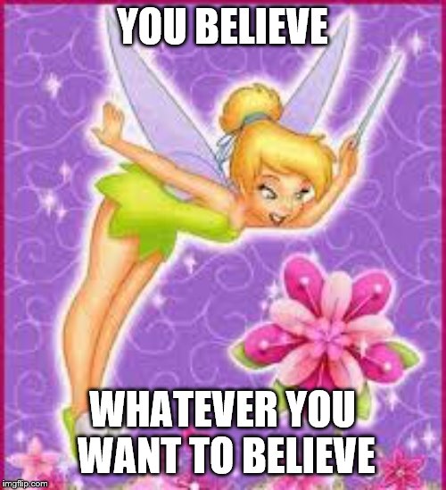 tinkerbell | YOU BELIEVE WHATEVER YOU WANT TO BELIEVE | image tagged in tinkerbell | made w/ Imgflip meme maker