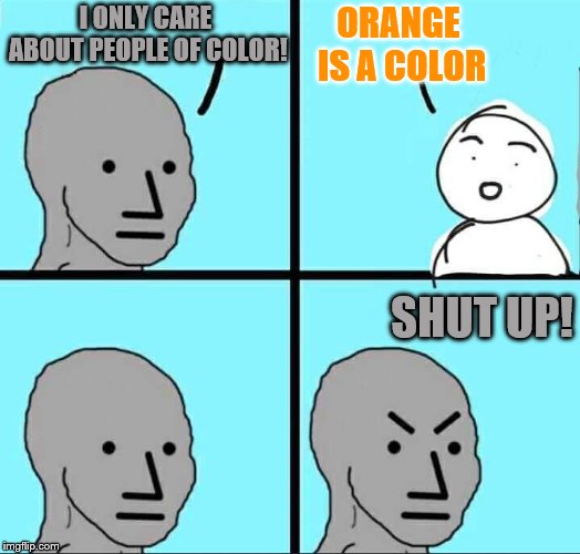 What's your favorite color? | ORANGE IS A COLOR; I ONLY CARE ABOUT PEOPLE OF COLOR! SHUT UP! | image tagged in npc meme,memes,color,racism | made w/ Imgflip meme maker