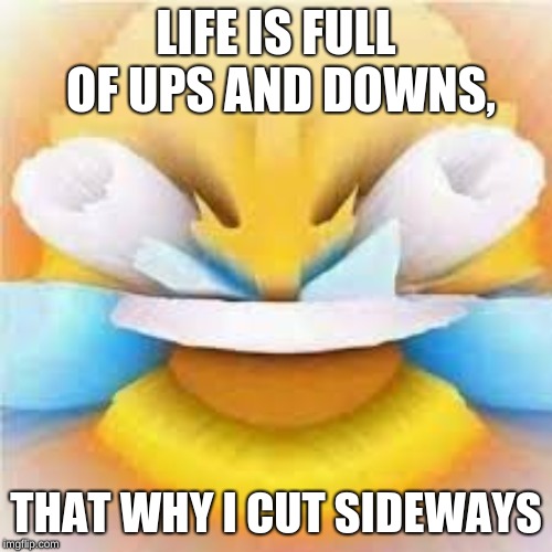 Laughing crying emoji with open eyes  | LIFE IS FULL OF UPS AND DOWNS, THAT WHY I CUT SIDEWAYS | image tagged in laughing crying emoji with open eyes | made w/ Imgflip meme maker
