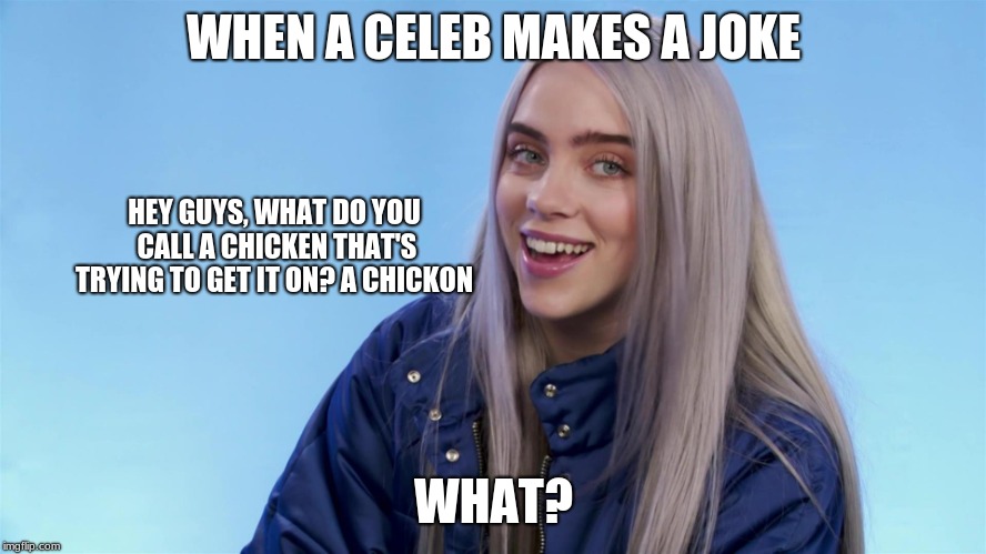 Billie Eilish Fans | WHEN A CELEB MAKES A JOKE; HEY GUYS, WHAT DO YOU CALL A CHICKEN THAT'S TRYING TO GET IT ON? A CHICKON; WHAT? | image tagged in memes | made w/ Imgflip meme maker