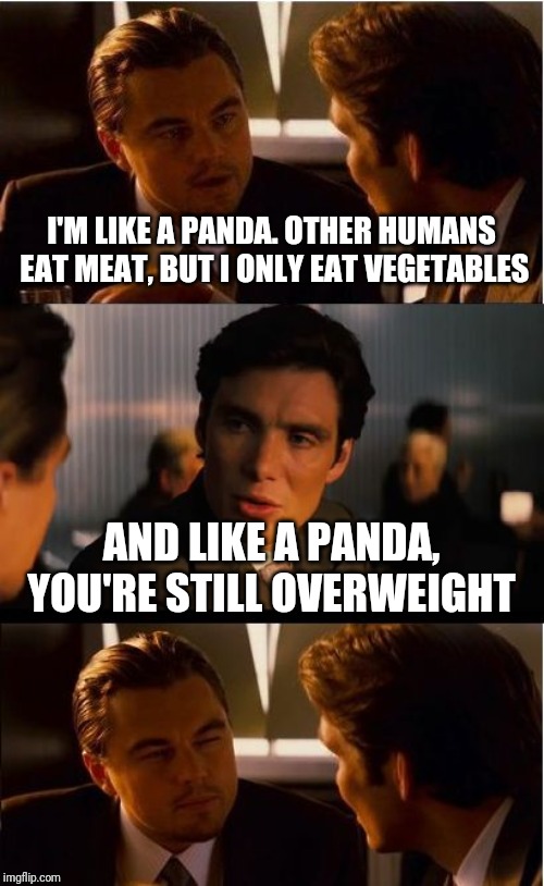 Fat Inception | I'M LIKE A PANDA. OTHER HUMANS EAT MEAT, BUT I ONLY EAT VEGETABLES; AND LIKE A PANDA, YOU'RE STILL OVERWEIGHT | image tagged in memes,inception,leonardo dicaprio,lazy fat guy on the couch,first world problems,kung fu panda | made w/ Imgflip meme maker