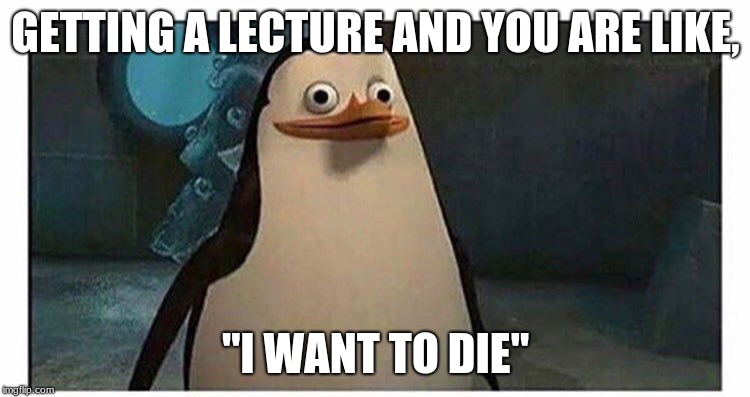 Stupid pinguin | GETTING A LECTURE AND YOU ARE LIKE, "I WANT TO DIE" | image tagged in stupid pinguin | made w/ Imgflip meme maker